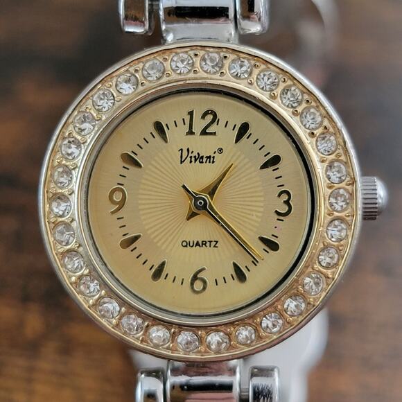 Vintage Watches Vivani Quartz Gold Dial Crystal Bezel Ladies Dress  Cuff Watch - Picture 6 of 10